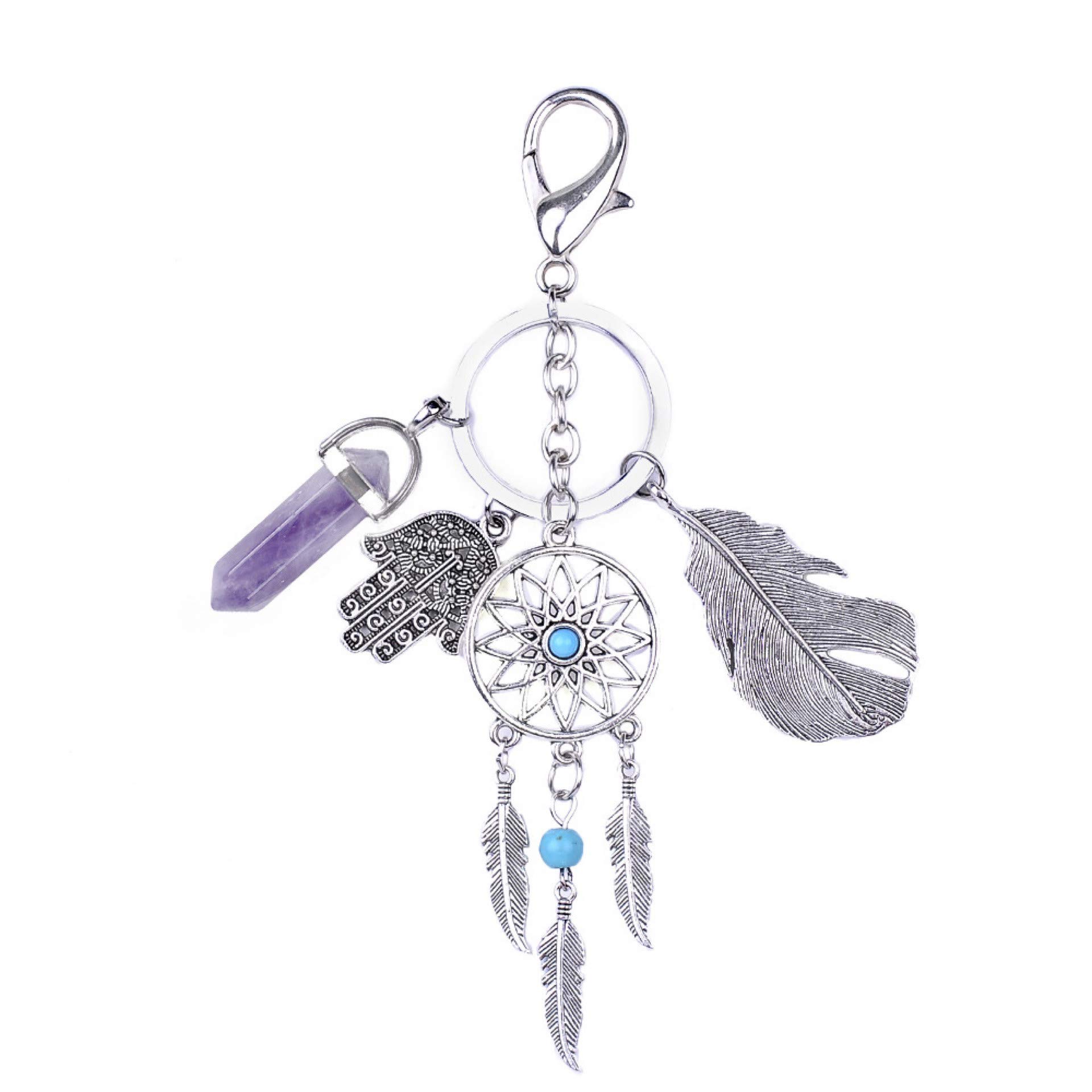 FORUMALL With Natural Stone & Fatima's Hand & Leaves Car & Bag Pendant Decor Mini Dream Catcher Keychain (Purple)