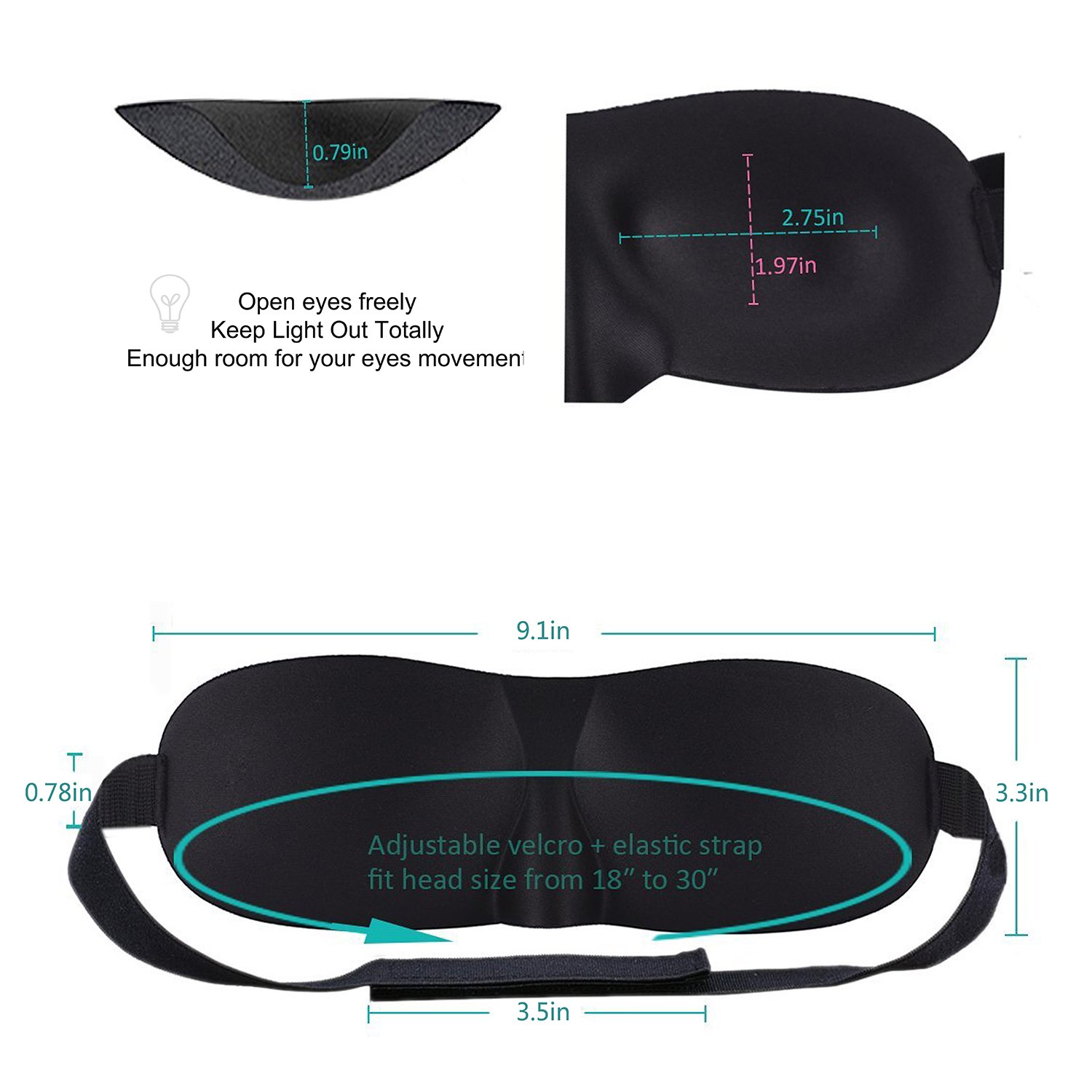 Eye Mask for Sleeping, CHC 3 Pack Sleep Mask with Adjustable Strap 3D Contoured Shape Good Night Eyeshade for Women, Men, Soft Blindfold Great for Travel Naps, Meditation