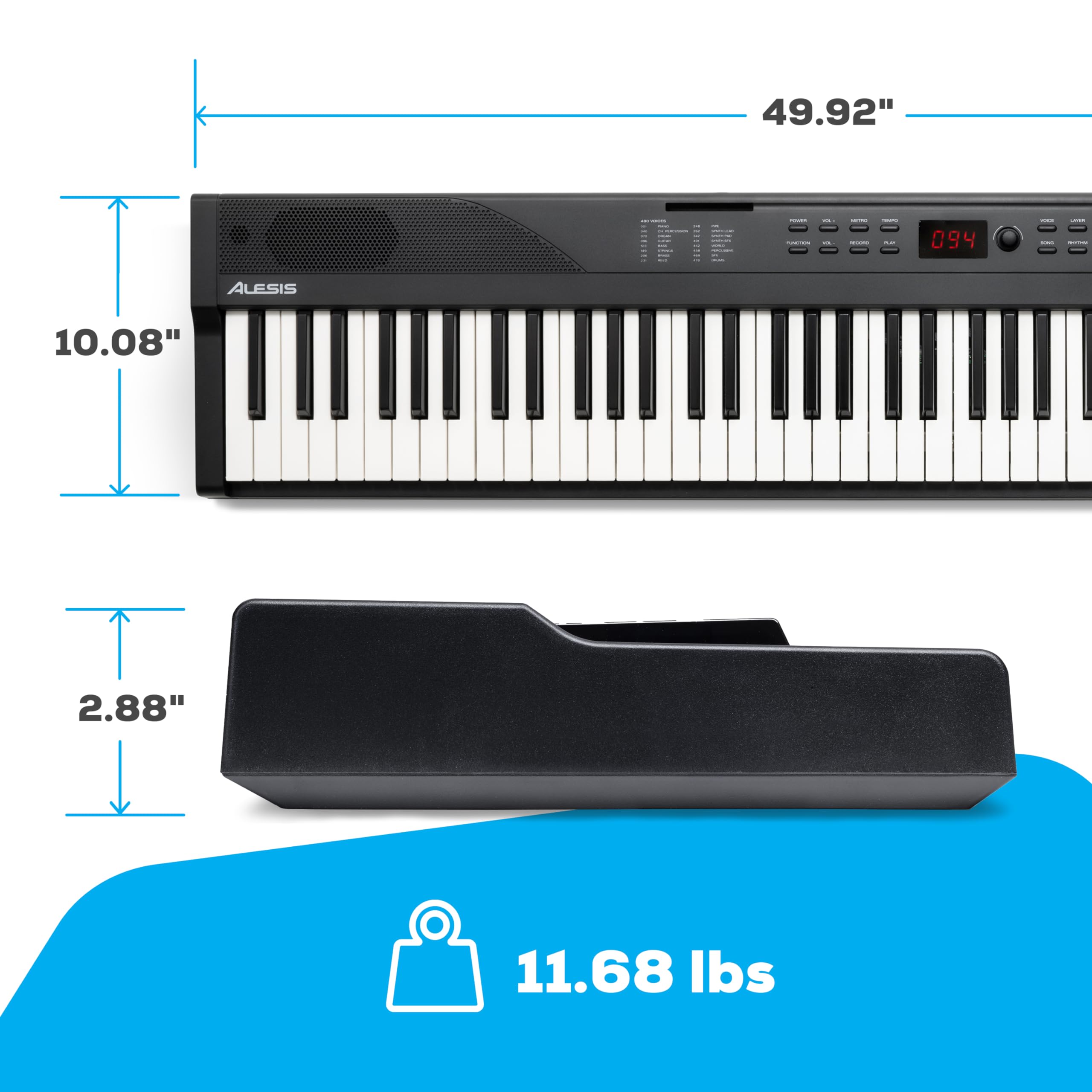 Alesis Piano con Teclado de 88 Teclas con 480 Sonidos, Altavoces, USB MIDI, Bolsa de Transporte, Soporte, Auriculares, Pedal y Lecciones de Piano para Principiantes