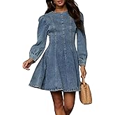 yoeasy Women's Denim Dress Long Sleeve Crewneck A Line Swing Ruffle Casual Mini Babydoll Jean Dresses