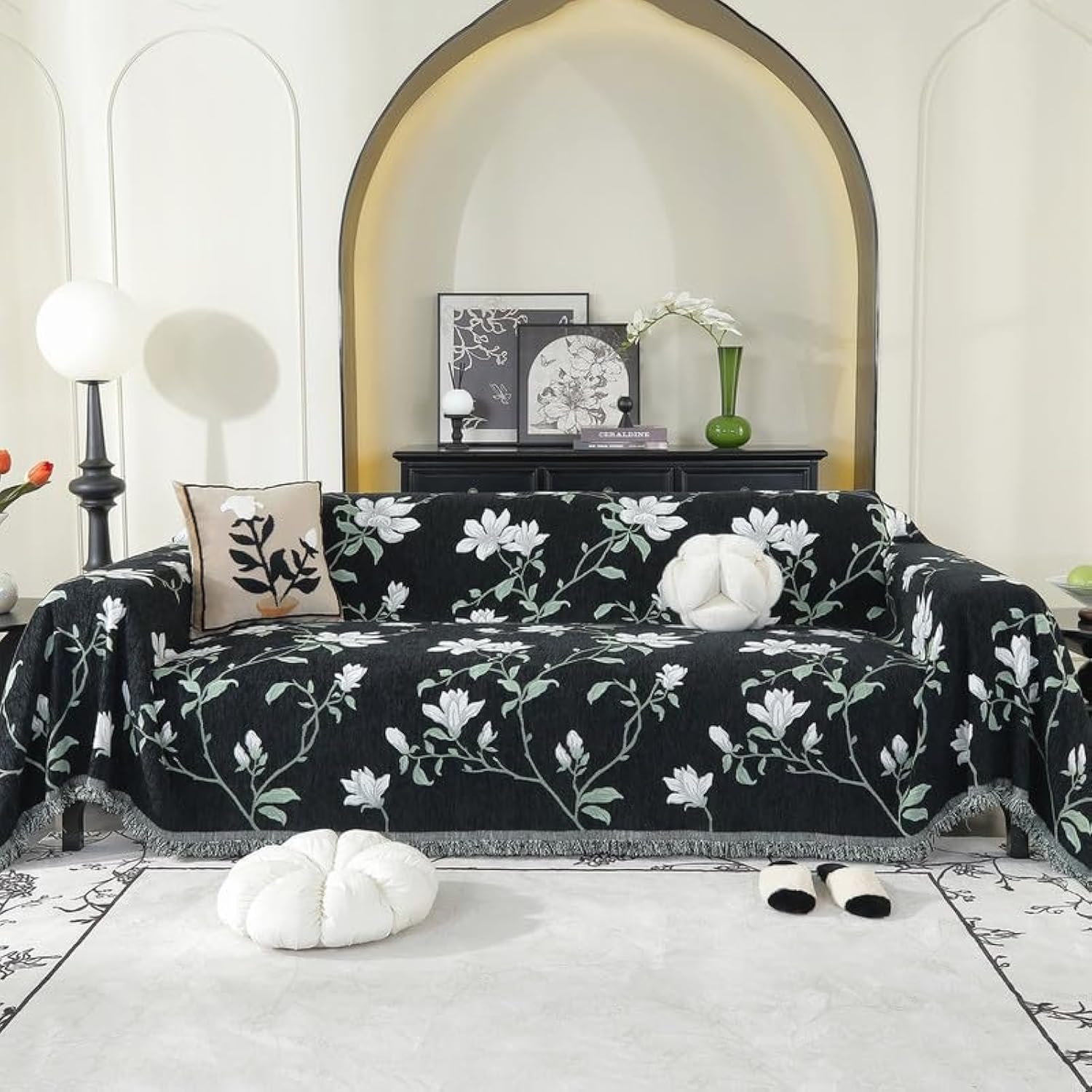 LiveGo Chenille AB Sided Sofa Cover for 3 Seater, Soft Non-Slip Slipcover with Tassel, All-Season Washable Couch Protector for Dogs, Decorative Futon & L Shaped Sofa Cover (Black, 180×340 cm)