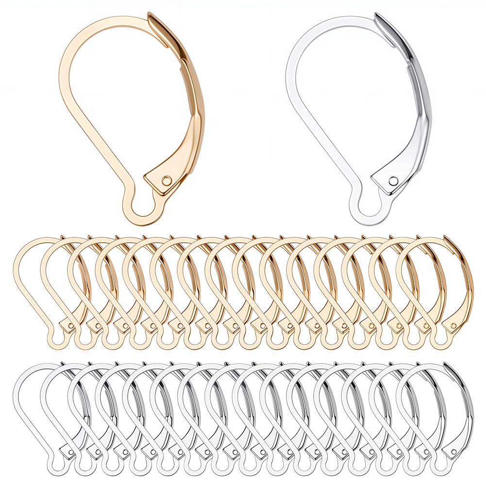 SUNNYCLUE 1 Box 60Pcs Stainless Steels Silver 24K Gold Plated Gold French Earring Hooks Leverback Earring Findings Leverbacks 6.5x10mm Lever Back Earwires for Jewellery Making DIY Earrings Crochet