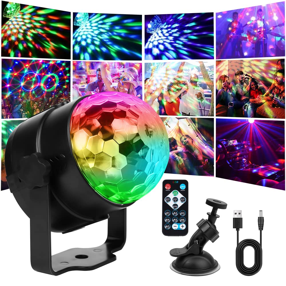 URAQT Disco Light, USB Charged DJ LED Light for Parties, Sound Activated Party with Remote Control, Ball Lights, 7 RGB Colours 360°Rotating Car, KTV, Black