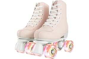 jessie Pearl Pink & Ocean Blue Roller Skates for Women Men with Flash Wheel, High Top PU Leather Classic Double-Row Roller Sk