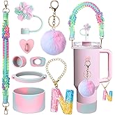Mity rain 9PCS Cup Accessories for Stanley Cup 30oz 40oz 20oz tumbler with handle - Includes Colorful Water Bottle Handle Strap,Straw Topper,Spill-Proof Stopper,initials Charms,Boot,Pom-Pom Decorate