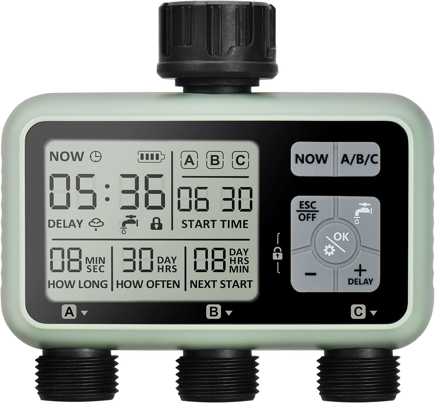 3 Way Watering Timer, Programmable Garden Water Timer with Rain Delay, Garden Watering Timer, Automatic and Manual Watering Modes for Garden, Lawn, Patio, Farm