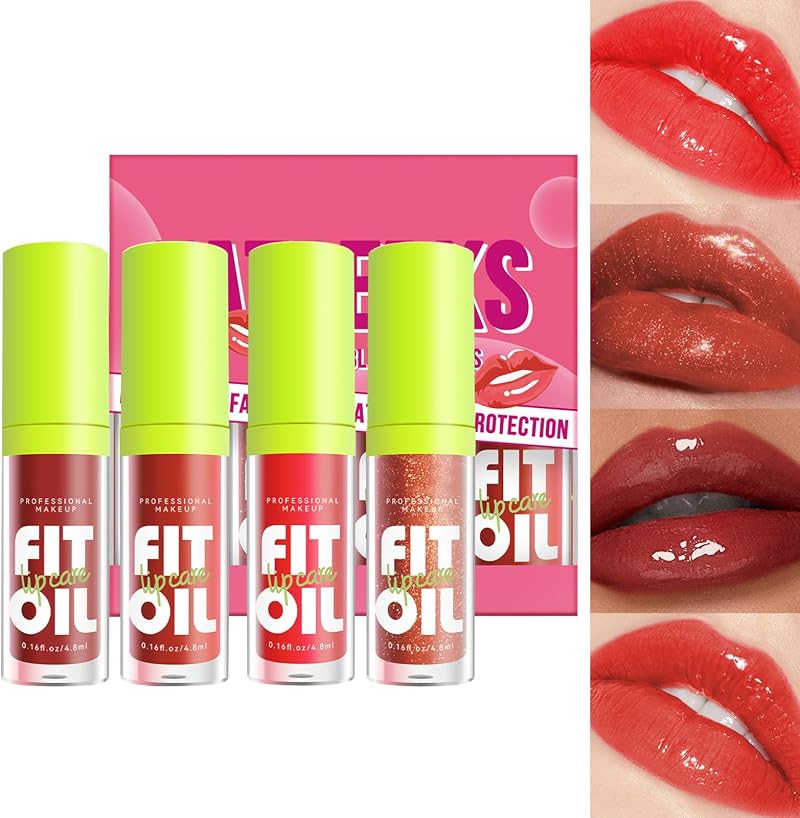 GROVL 4PCS Plumping Lip Gloss Set Tinted Glitter Moisturizing Lip Oil