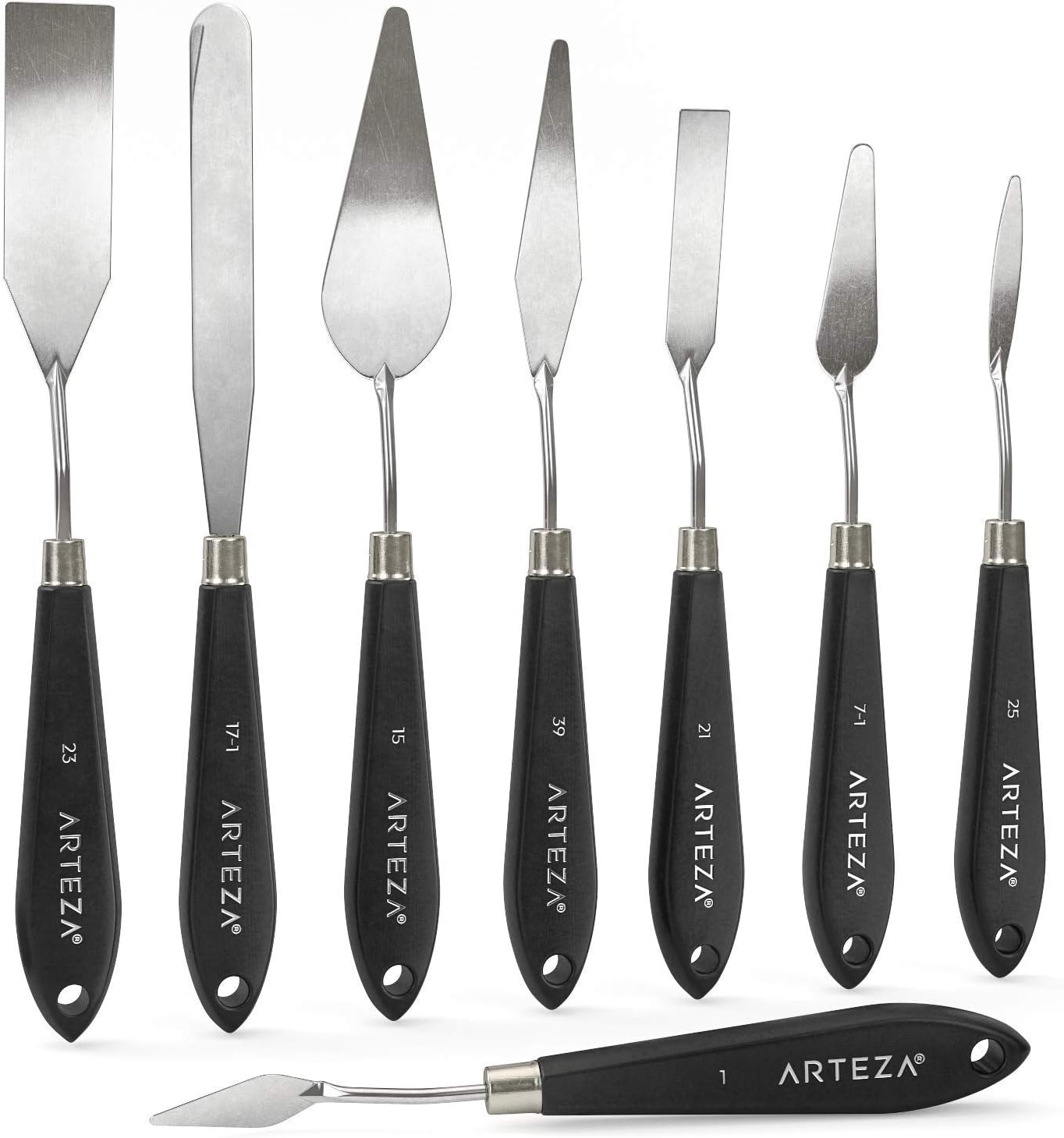Arteza Palette Knives 8-Pack, Sizes No. 1, 25, 7, 15, 39, 23, 17, 21, Durable Stainless Steel Blade & Break-Resistant Wooden Handle, Art Supplies for Oil & Acrylic Painting