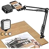 Overhead Phone Mount, Articulating Arm Cell Phone Holder with LED Light, Flexible Phone Stand for Live Streaming, Video Recording, Painting Lighting, Cooking