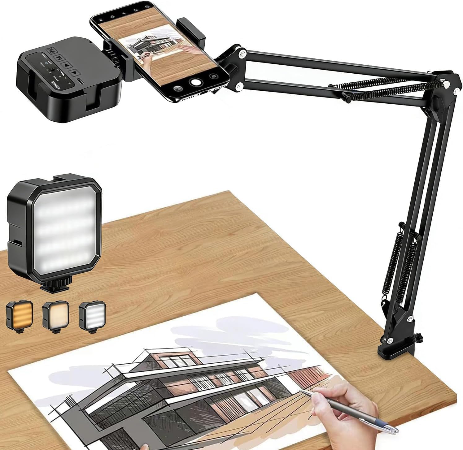 Overhead Phone Mount, Articulating Arm Cell Phone Holder with LED Light, Flexible Phone Stand for Live Streaming, Video Recording, Painting Lighting, Cooking