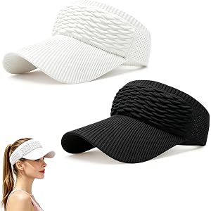 Sun Visor Hats for Women, 2-Pack Wide Brim Running Visors with UV Protection & High Ponytail Design