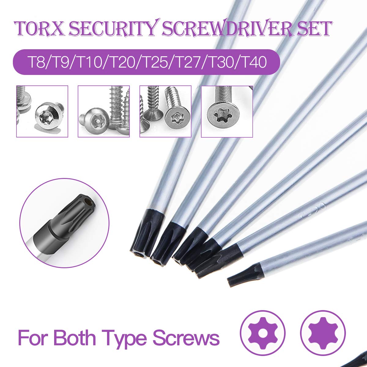 BOENFU Torx Star Screwdriver Set 13 PCS Heavy Duty T10 T20 Torx Security Screwdriver, T5 T15 T6 T8 T25 T30 T7 T27 T40 T9 T4 Star Shaped Drivers Set Fit Tamper Proof Screw, Purple