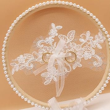 Amosfun Wedding Ring Pillow Cushion Lace White Bowknot Flower