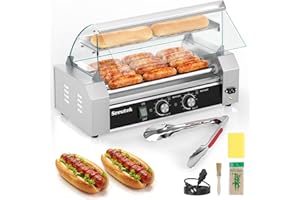 Seeutek Hot Dog Roller 5 Rollers 18 Hot Dogs Capacity 1100W Stainless Hot Dog Toaster, Hot Dog Machine W/Dual Temperature Control Glass Hood Acrylic Cover Warmer Shelf Removable Oil Drip Tray