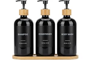 Shampoo and Conditioner Dispenser Set - 3 Pack 21oz/600ml Refillable PET Shower Bottles with Bamboo Plastic Pump, Bamboo Tray