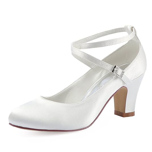 Elegantpark HC1808 Damen Krause Riemchen Blockabsatz Pumps Satin Hochzeit Brautschuhe