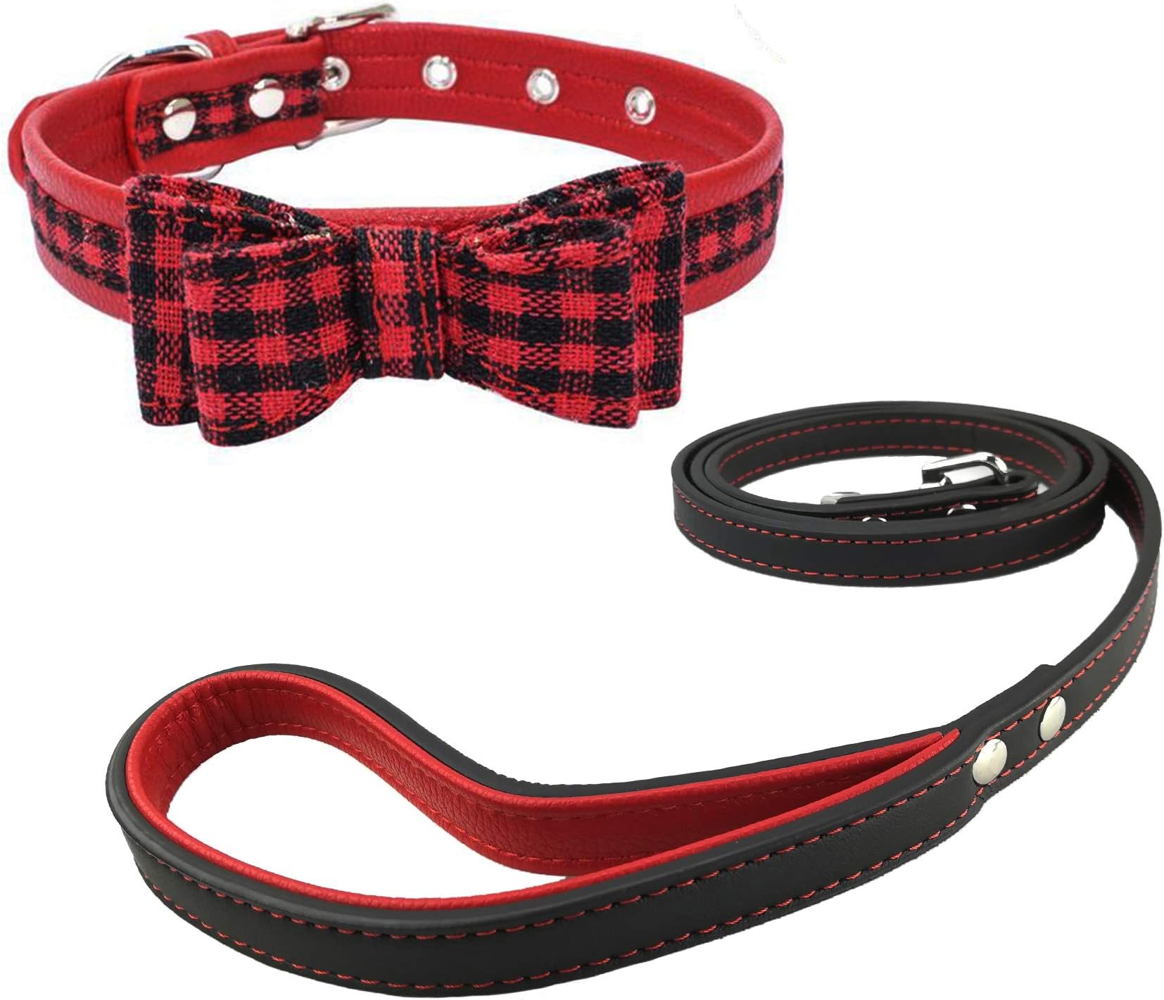 Newtensina Fashion Bow Tie Dog Collar and Leash Set Cute Plaid Pattern Bow Ties Puppy Collars with Leash for Cats Dogs - XS