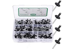AilemeNova 200PCS Blind Rivets Pop Rivets Assortment Kit, Large flange Aluminum Rivets(1/8" 3/16" 1/4") Assorted Blind Rivets with Case (Black)