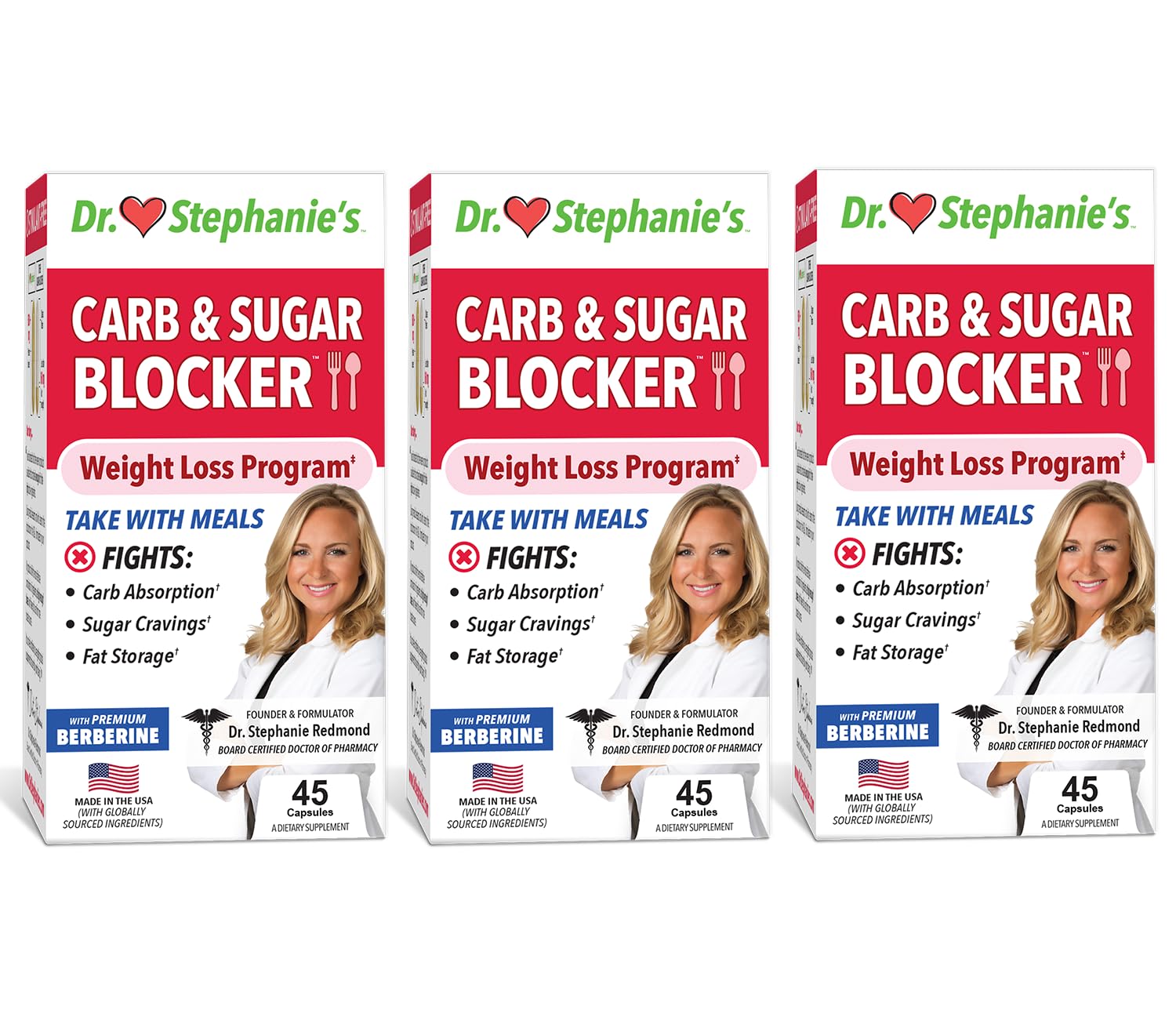Pharmaganics Dr. Stephanie's Mealtime Carb & Sugar Blocker - Reduce Digested Carbs, Sugars, & Calories, Stimulant-Free (3 Pack)