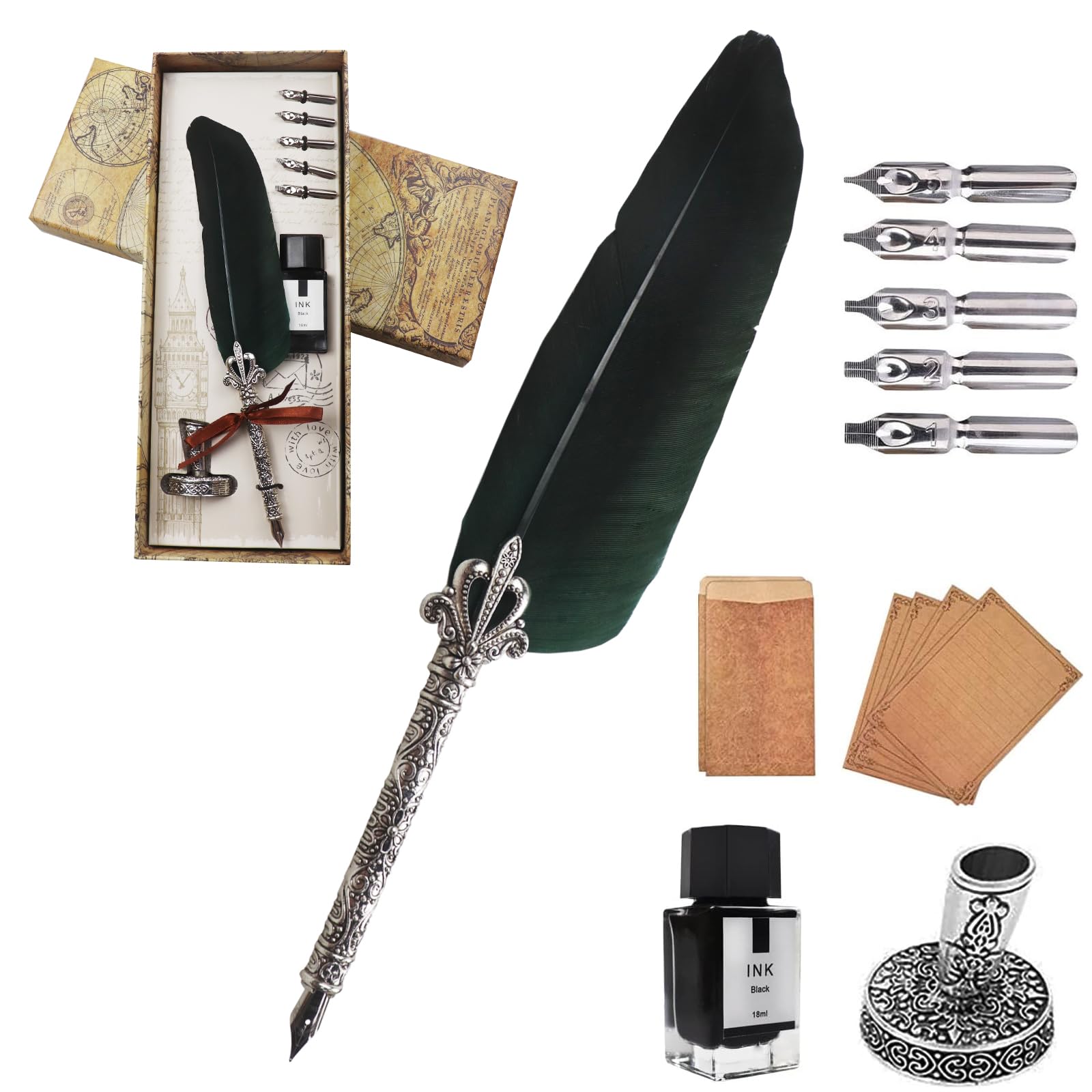 AOMAYLL Feather Pen Ink Set, Vintage Dip Pen, Calligraphy Pen with 5 Nibs and Black Ink, Perfect for Calligraphy Beginners (with Ink)