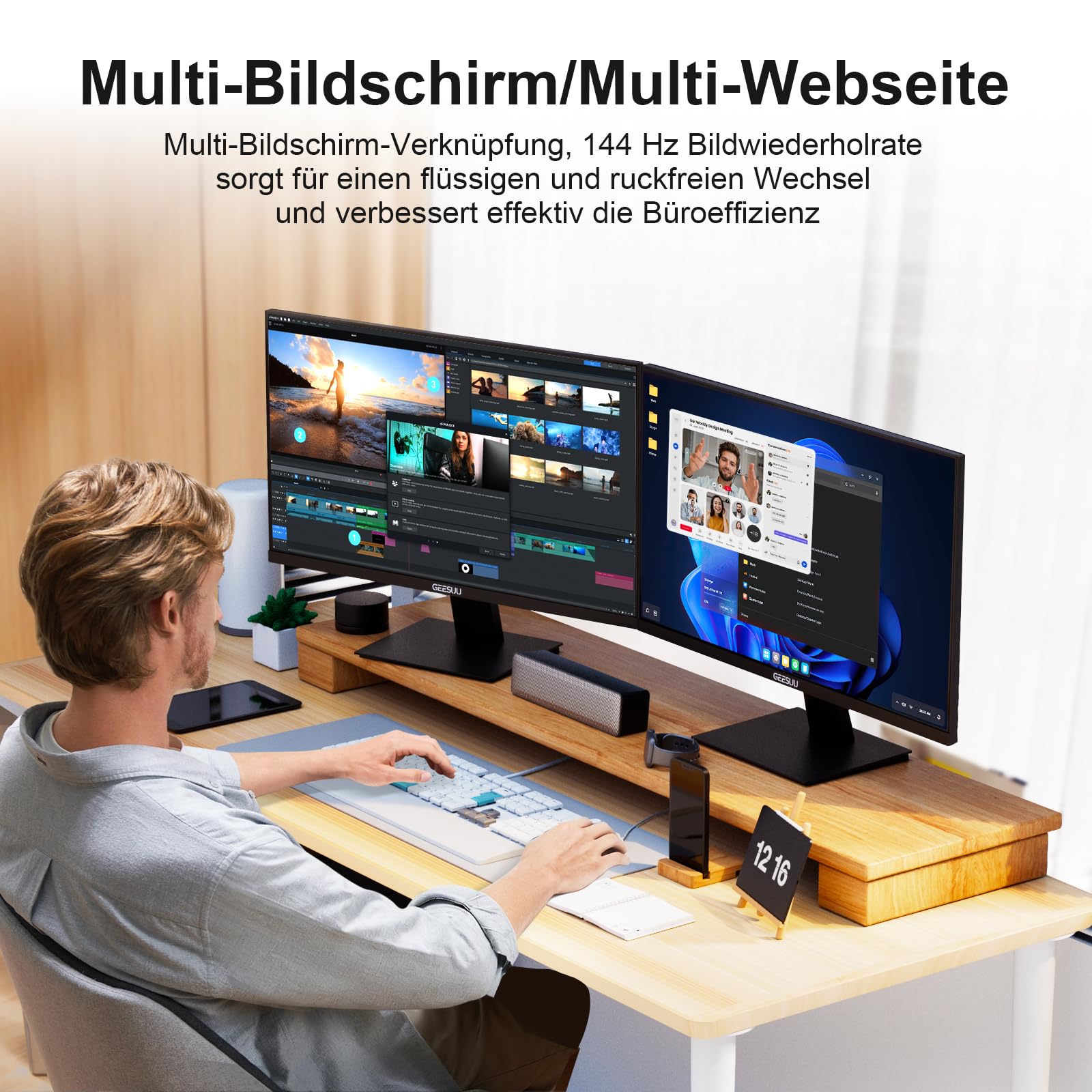 GEESUU 24 Zoll Monitor, PC Bildschirm 144Hz, FHD 1080p Gaming Monitore, 5ms, VA Eye-Care Computer Bildschirm, 99% sRGB, VESA 75x75mm, HDMI 2.0 & DP 1.2 3
