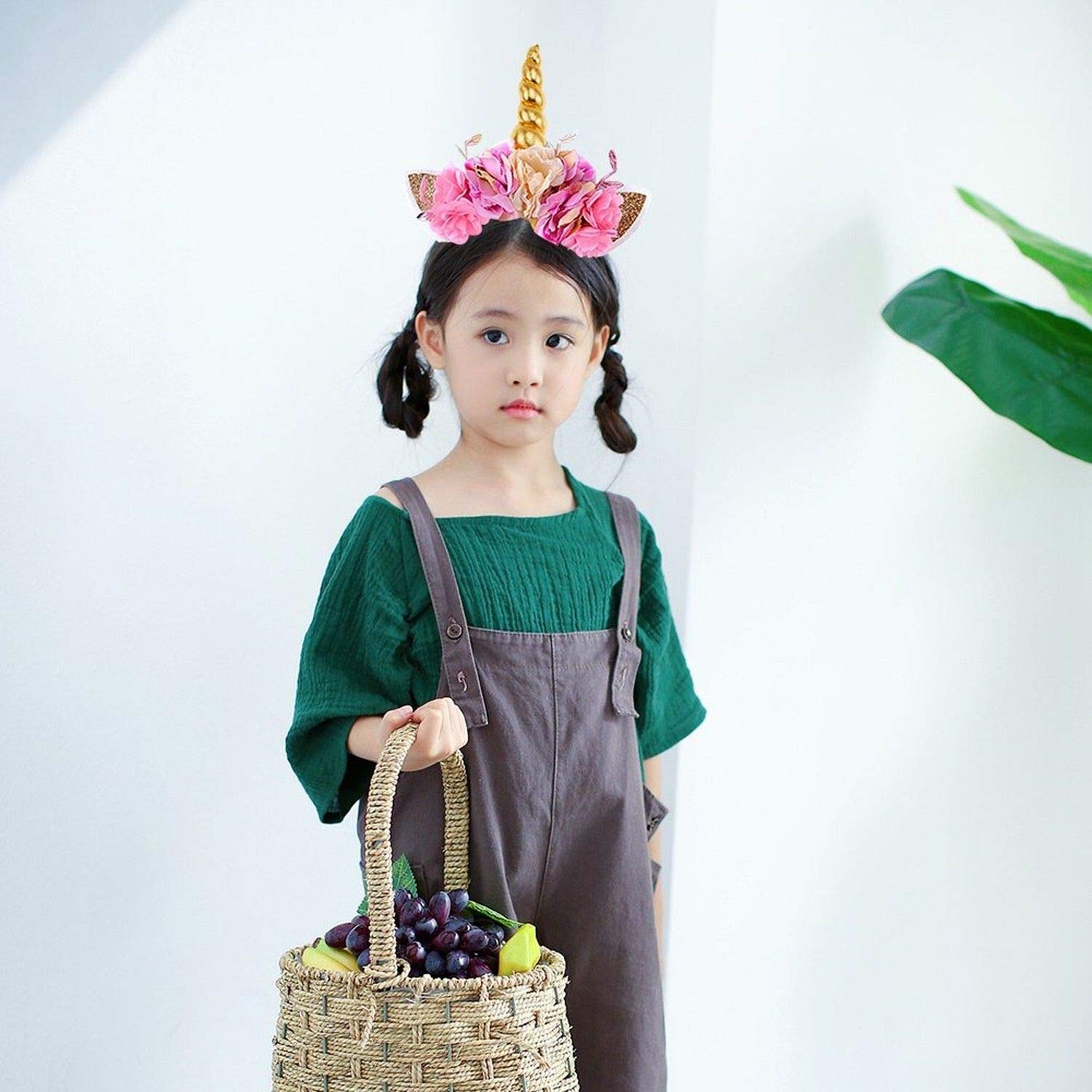 Kids Girls Unicorn Headband Gold Horn Ears Flower Headband Glitter Horn Headband Flowers Headwear Accessory for Christmas Party Cosplay Costume Birthday