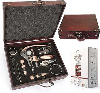 Yobansa Antike Holzkiste Weinzubehör Geschenkset, Kaninchen Weinöffner, Weinkorkenzieher Weinverschluss und Weinausgießer Set(Style 03)