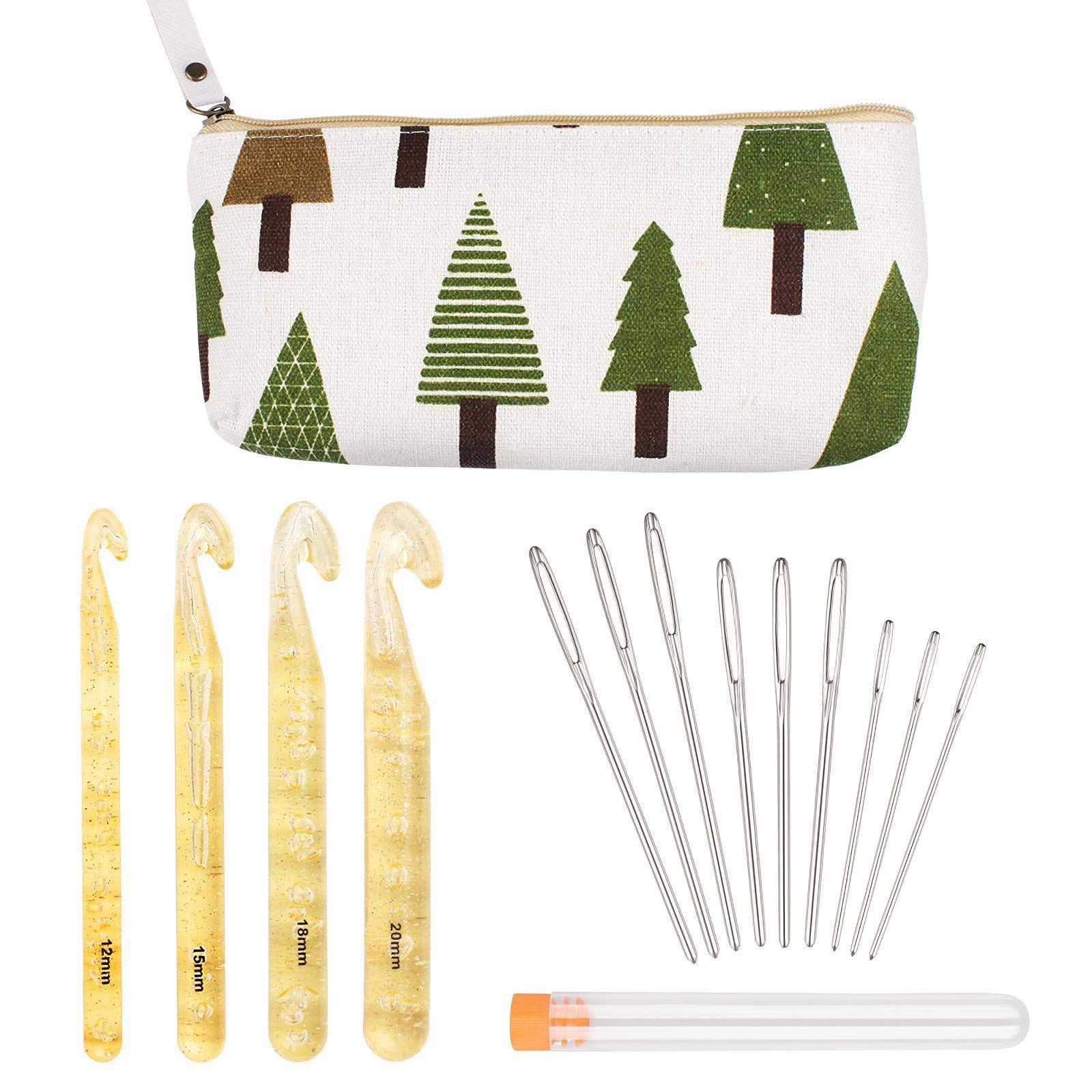 Large 4 Pcs ABS Plastic Knitting Hooks 4 Sizes with 15 3 Sizes Knitting Needles and Cotton Storage Bag for DIY Knitting Crafts