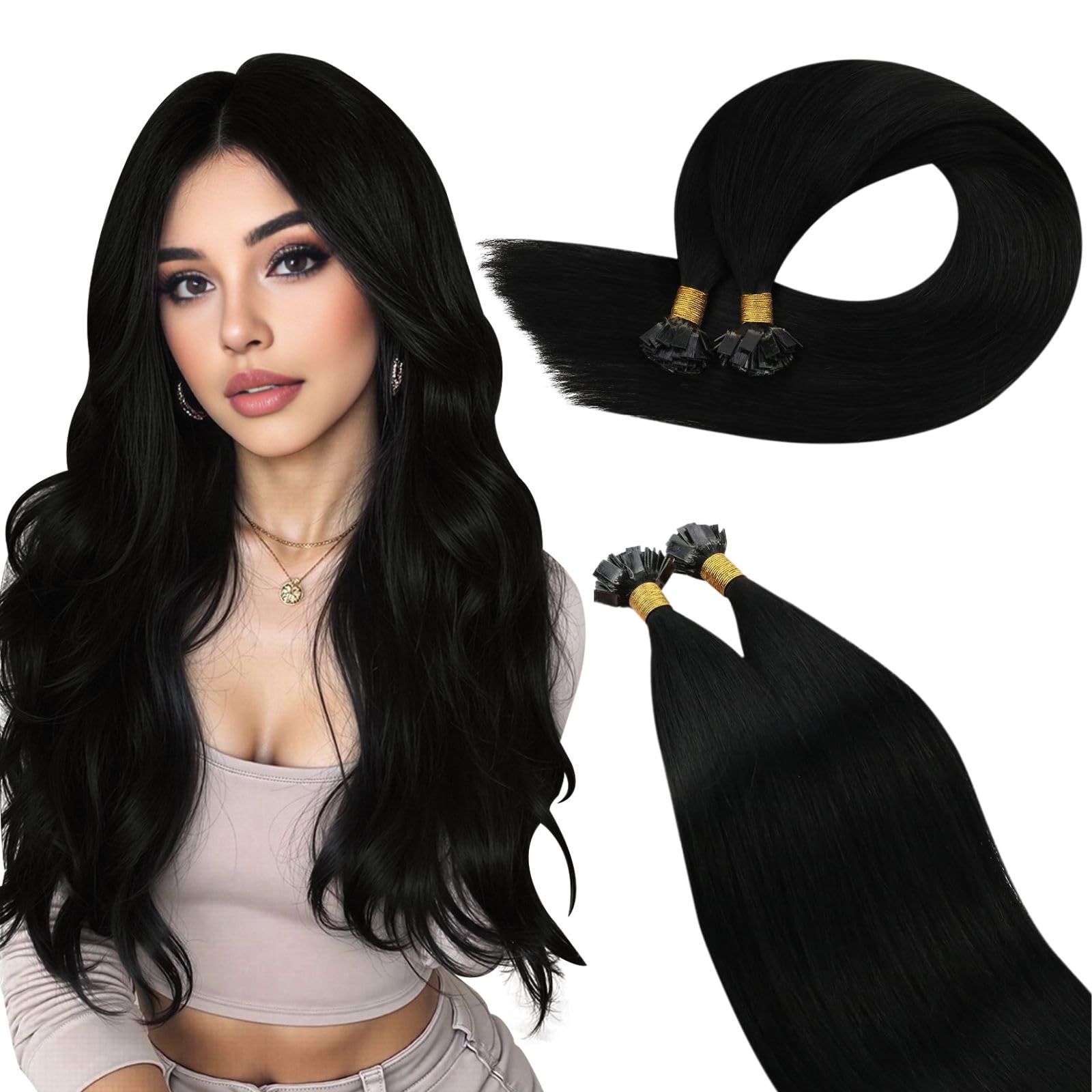 Ugeat Flat Tip Hair Extensions Black Flat Tip Hair Extensions Real Human Hair Jet Black Ktips Light Weight Breathable for Women Short Length 14 Inch 50G 50S