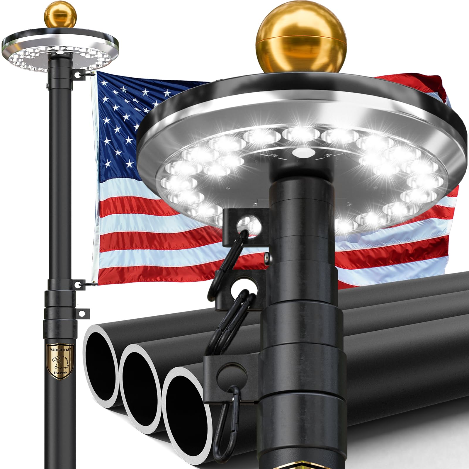Photo 1 of IIOPE 25FT Telescoping Heavy Duty Flag Pole with Solar Light, Extra Thick11-Gauge Aluminum,True Glory Edition, Easy Setup for Outside Houseor Yard, with 3x5 USA Flag & All Hardware-120 MPH Wind Tested
