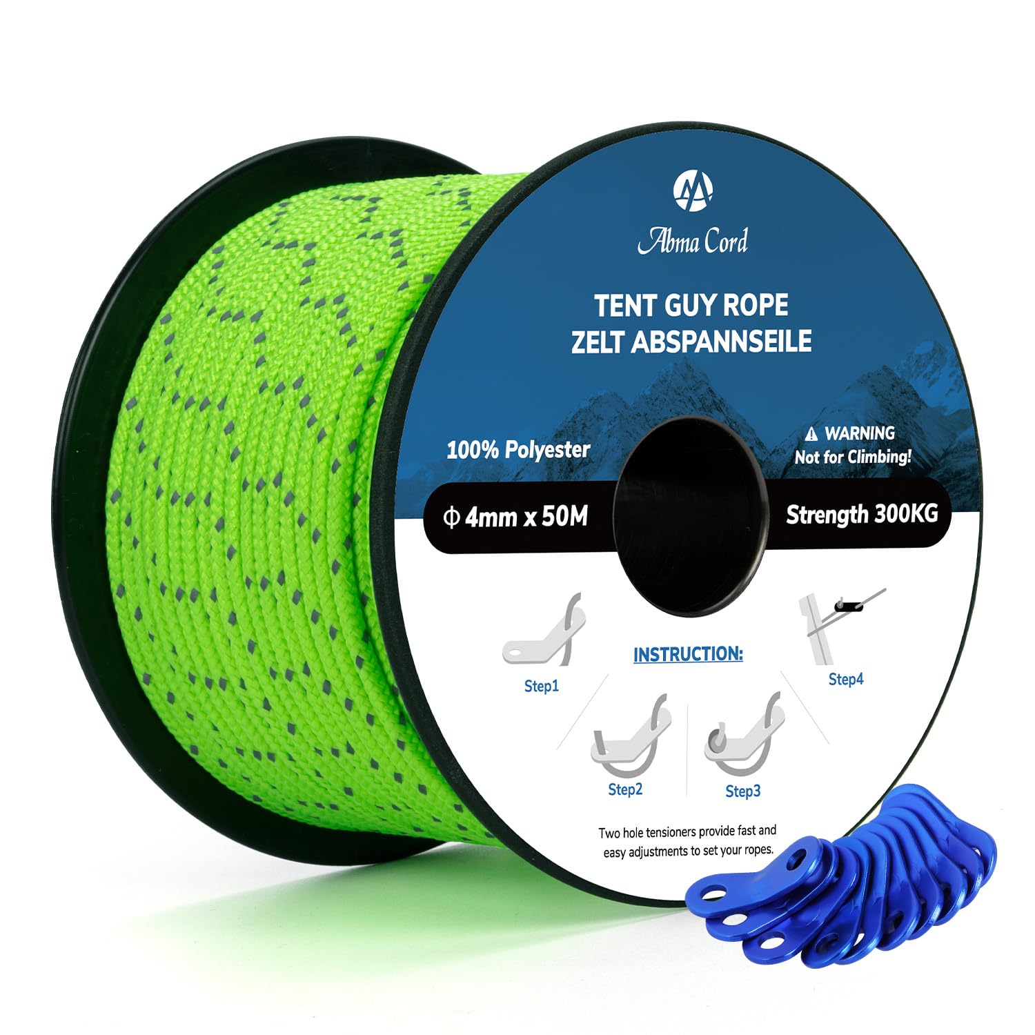 Abma Cord Tent Guy Ropes 4mm 50M Guy Line 10 Pcs Guy Rope Tensioners Heavy Duty Guide Rope for Camping, Gazebos, Awning, Tarp - Reflective Neon Green
