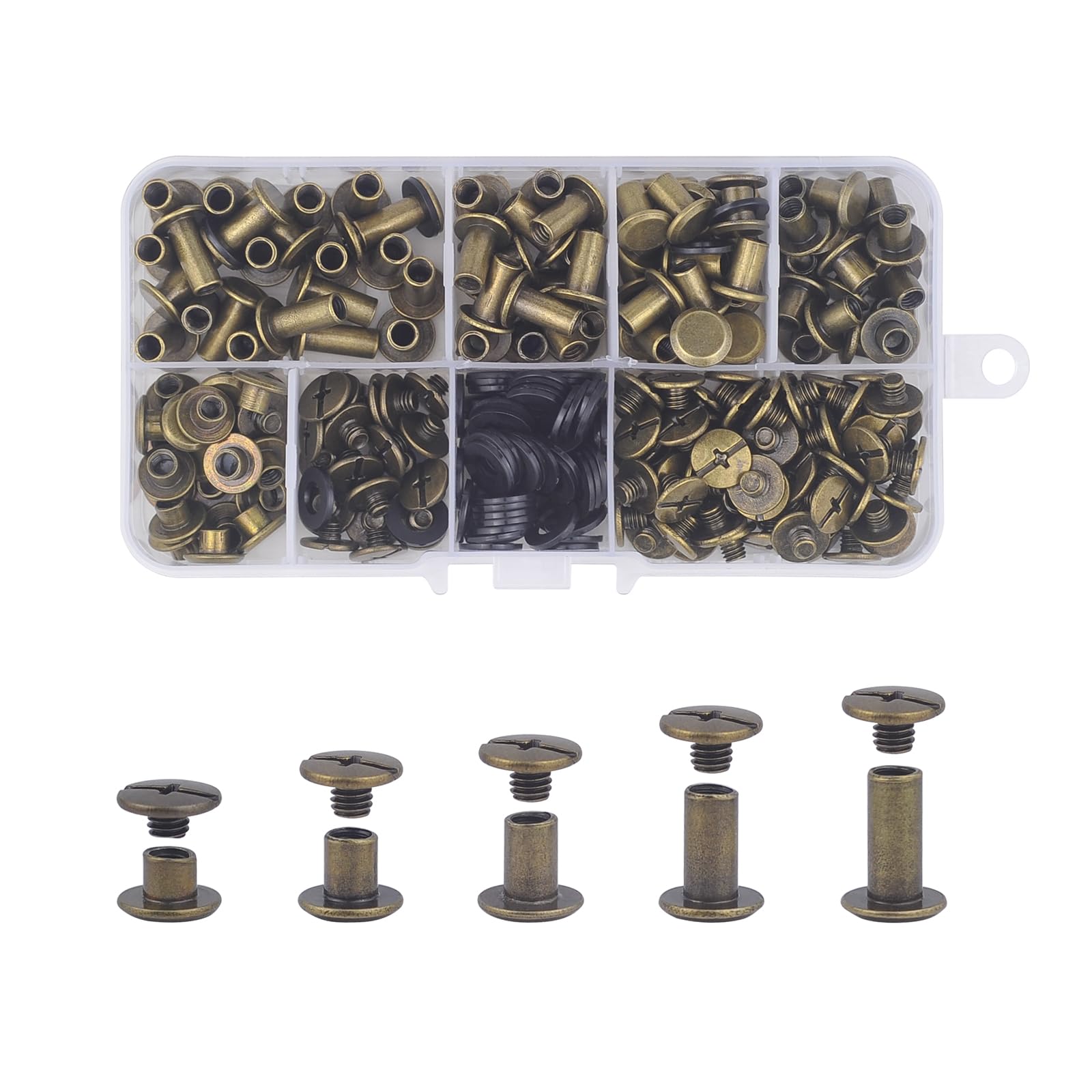 CANGCANG 100 Sets Chicago Binding Screws Posts,Book Binding Rivets,Rivets for Leather M5*4/6/8/10/12mm Kit 5 Sizes Cross Head Chicago Button Screws for Belt Bags Handbag(Bronze)