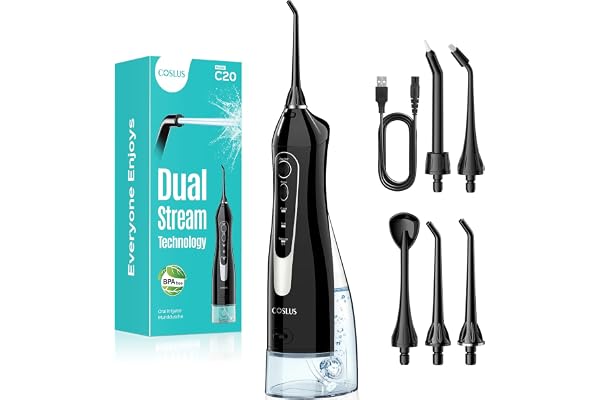 COSLUS Water Teeth Flosser C20 (F5020E): 300ML Cordless Electric Water Tooth Flossing Rechargeable IPX7 Waterproof Portable T