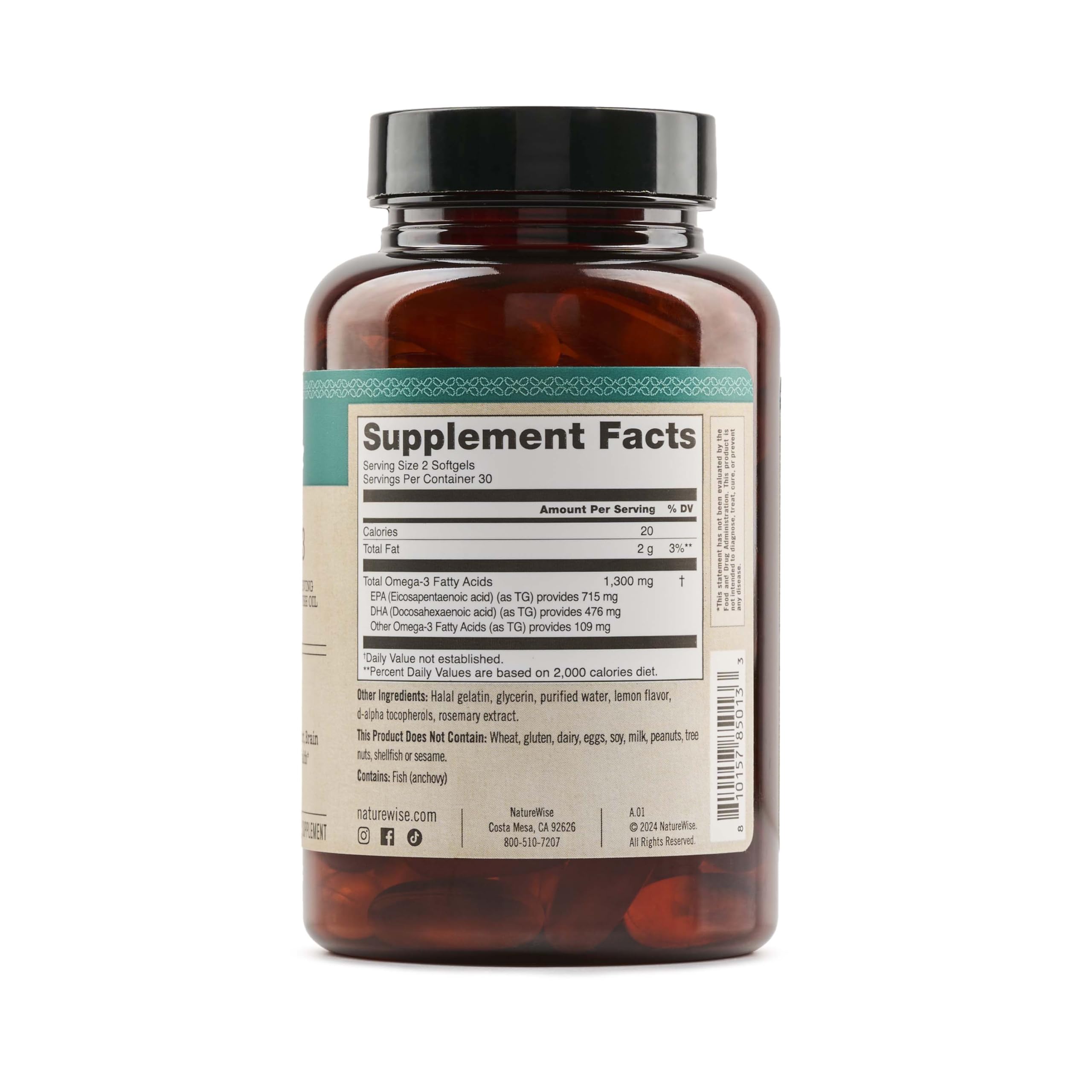 NatureWise Ultra Omega 3 Fish Oil 2200 mg - Triglyceride Form - Lemon Flavor - Wild-Caught Fish Oil + EPA & DHA - Supports Brain & Heart Health - Burpless, Non-GMO - 60 Softgels[1-Month Supply]