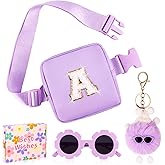 WINOWIMO Personalized Mini Fanny Pack for Kids with Sunglasses & Cute Keychain, Small Initial Belt Crossbody Bag Purse for Teen Girls, Birthday Gifts for 3 4 5 6 7 8 9 10 Years Old Kid (A, Purple)