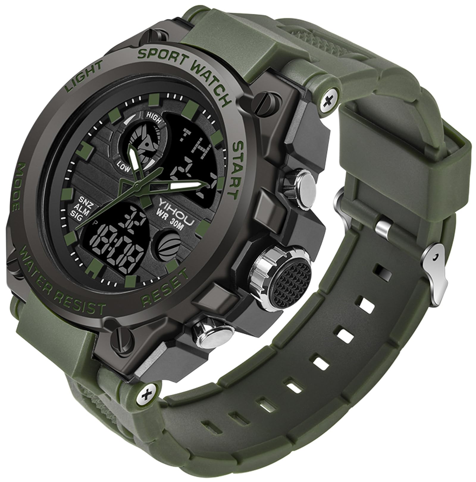 Yihou Men's Military Watch Outdoor Sports Electronic Watch Tactical Army Wristwatch LED Stopwatch Waterproof Digital Analog Watches, green, business — image 1