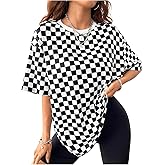 Milumia Women's Checkered Crew Neck Short Sleeve T Shirt Loose Fit Street Tops