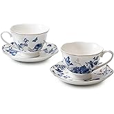 KAITOER Tea Cup Set of 2, Coffee Cups with Saucers 7 Oz (200ml) Vintage Floral Porcelain with Gold Trim Teacups, Cappuccino Cup, Latte Mugs for Mother's Day, Party, Birthday Gifts