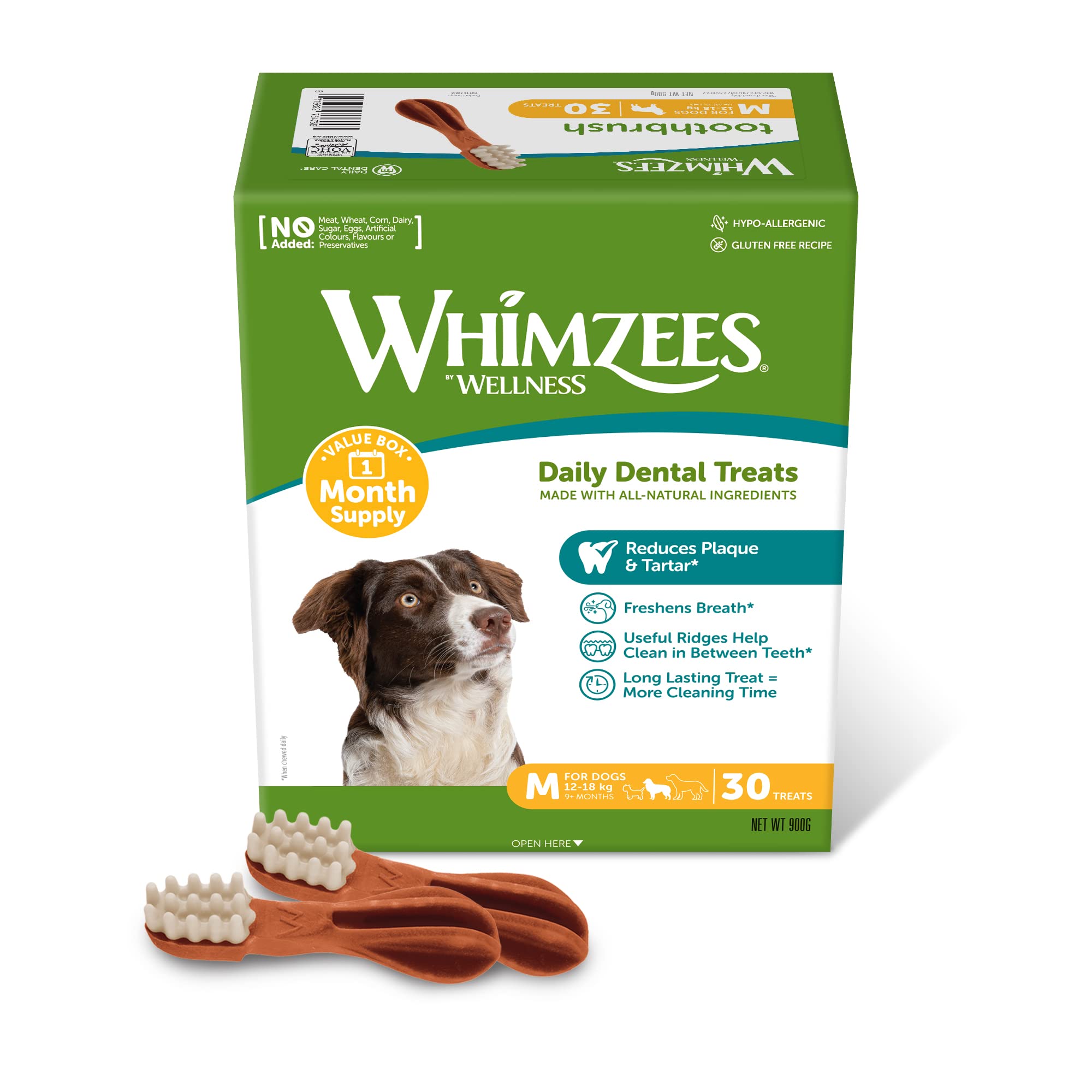 WHIMZEES Toothbrush M, Month Box, 30 Pieces – Dog Dental Stix, Size M, Dog Dental Sticks for Medium Breeds, Natural and Grain Free, Rawhide-Free, Vegetarian, No Added Sugar