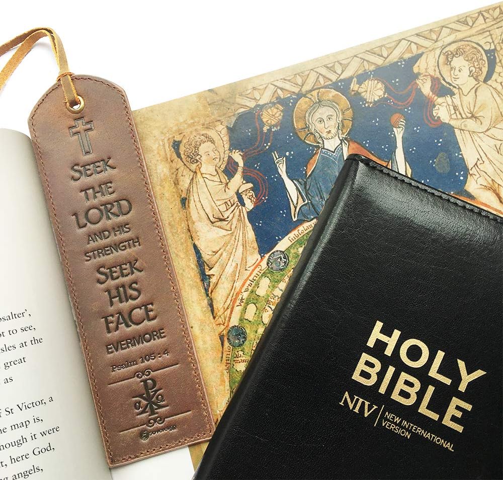 Leather Bible Bookmarks - 2 Leather Christian Bookmarks with Inspirational Bible Verse, Psalm 105:4 - Image 3
