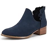 FISACE Womens Ruffled Ankle Boots V Cut Out Pointed Toe Chunky Low Heel Dressy Western Booties