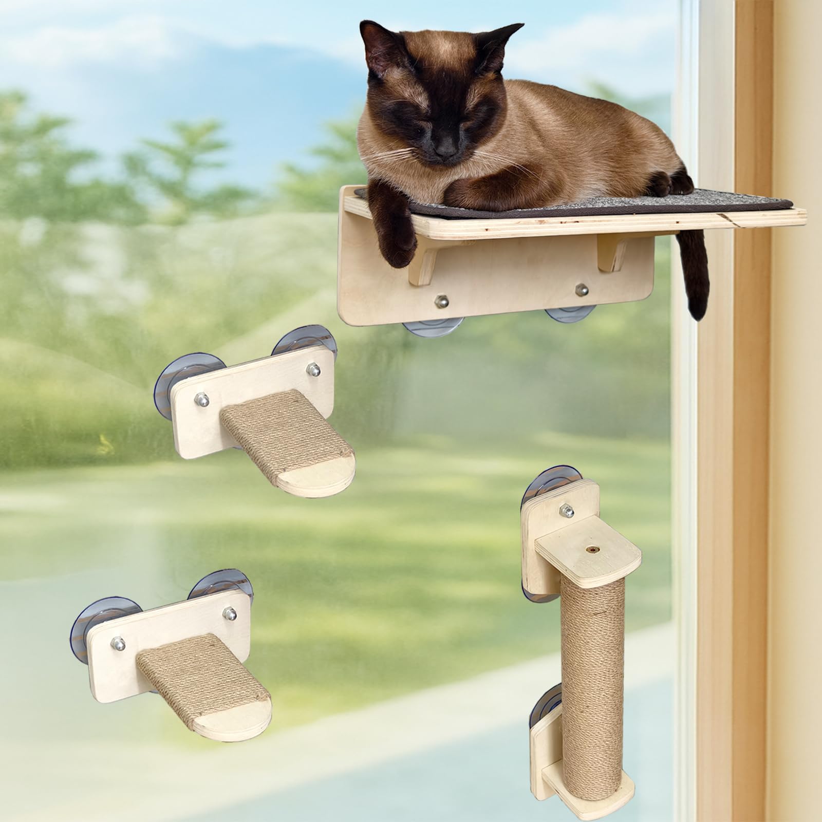 Photo 1 of Cat Window Perch Set, 3-in-1 Set with Carpet Bed & Step & Scratcher, Cat Hammock with Suction Cup, Solid Wood Frame, Durable Large Suction Cups, Height Adjustable, Space-Saving (Drilling-Free)