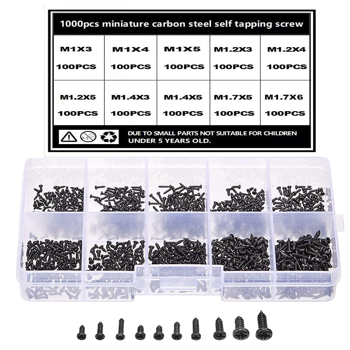 TAIANJI 1000 Pcs Micro Screws Set M1 M1.2 M1.4 M1.7 Screws Mini Round Philips Head Screws Kit Small Self Tapping Screws for Glasses, Watches, Phones, Cameras, Laptops etc(Black, 10 Sizes)