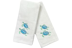 SERAFINA HOME Summer Soft Absorbent Guest Sea Turtle Hand Towels: Bright Aqua Blue Turquoise Embroidery Design, 2 Piece (Sea Turtles)
