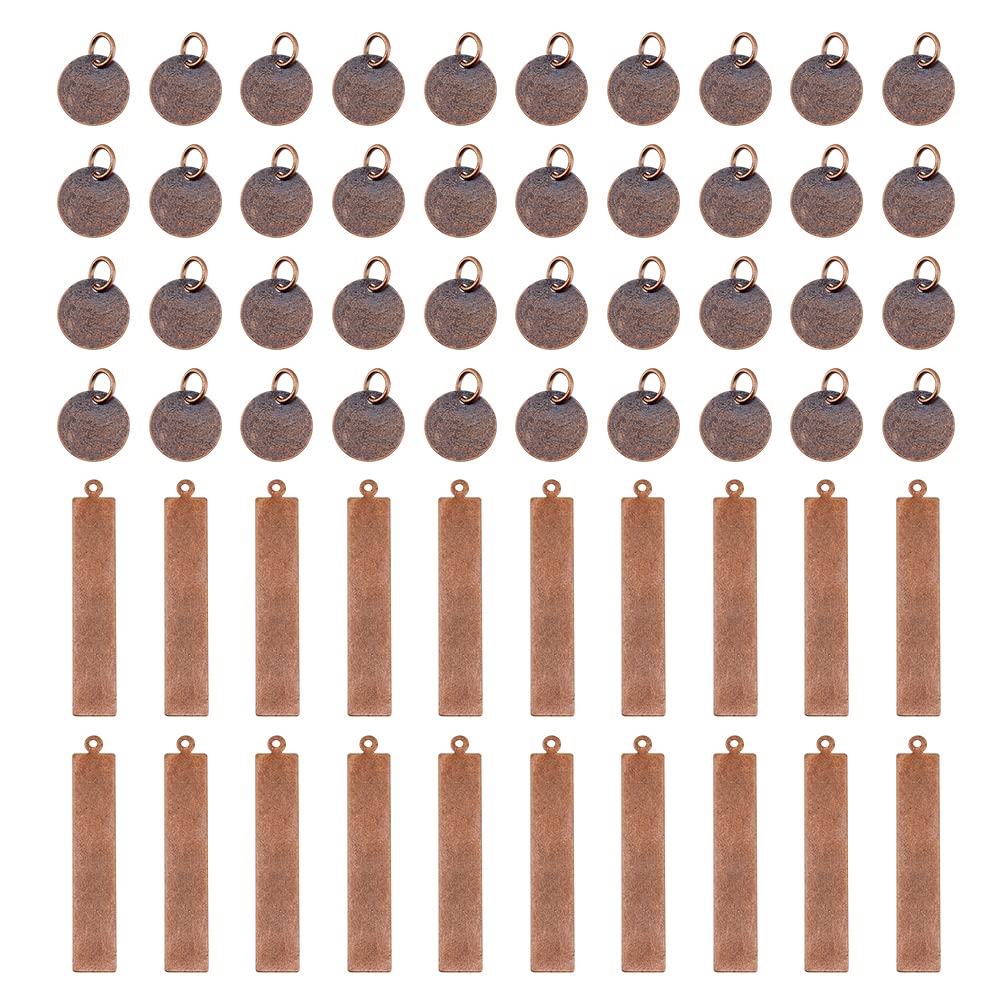 SUPERFINDINGS 80Pcs 2 Style Red Copper Brass Rectangle and Flat Round Stamping Blank Pendant DIY Tag Necklace Charm Bar and Circle Pendant Hole 1mm 4mm