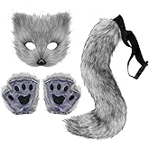 Aulufft Faux Fur Fox Tail Cat Wolf Cosplay Costume Set Furry Orc Mask and Fox Tail Gloves Set Halloween Christmas Party Girls Women, Mask, a Pair of Gloves and a Tail Three-Piece Set Grey