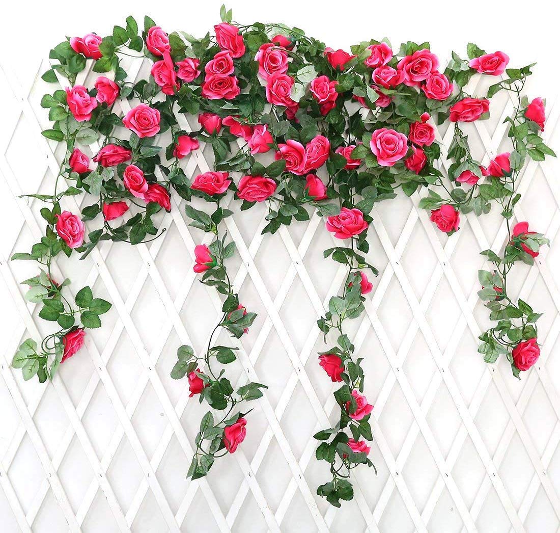 JUSTOYOU 2 Pack 7.2ft Artificial Fake Rose Garland Vines Hanging Silk Flowers for Outdoor Indoor Wedding Wall Badroom Decoration (Rose Red)