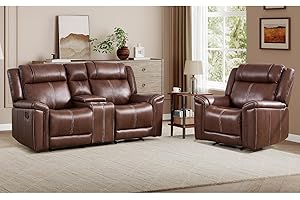 EBELLO Faux Leather Recliner Sofa Set, Includes a Manual Reclining 1 Seat Chair and a Loveseat Couch, Mid-Century Modern 3-Seater Furniture Set with Cup Holders and Storage, for Living Room, Brown
