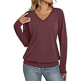 EasyGala Womens V Neck Long Sleeve Shirts Banded Bottom Cute Loose Fit Tops Dressy Casual Outfits for Fall Spring