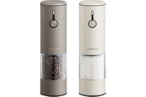 GORMODE Stainless Steel Rechargeable Electric Salt and Pepper Grinder Set – USB Charging, One-Hand Electric Mill, Adjustable Coarseness, LED Light & Dust Cover – Brown + Cream